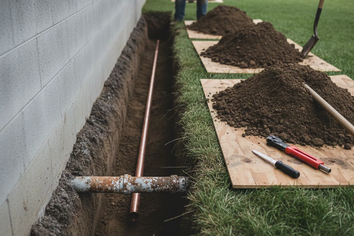 Excavated water line trench during Sewer Line Repair in Enigma